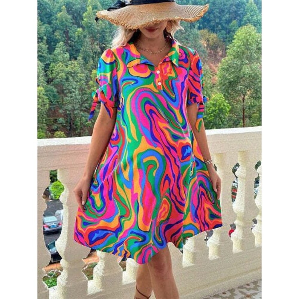 Women's XL Multi-Color Collared Short Sleeve Mini Dress Size 10-12